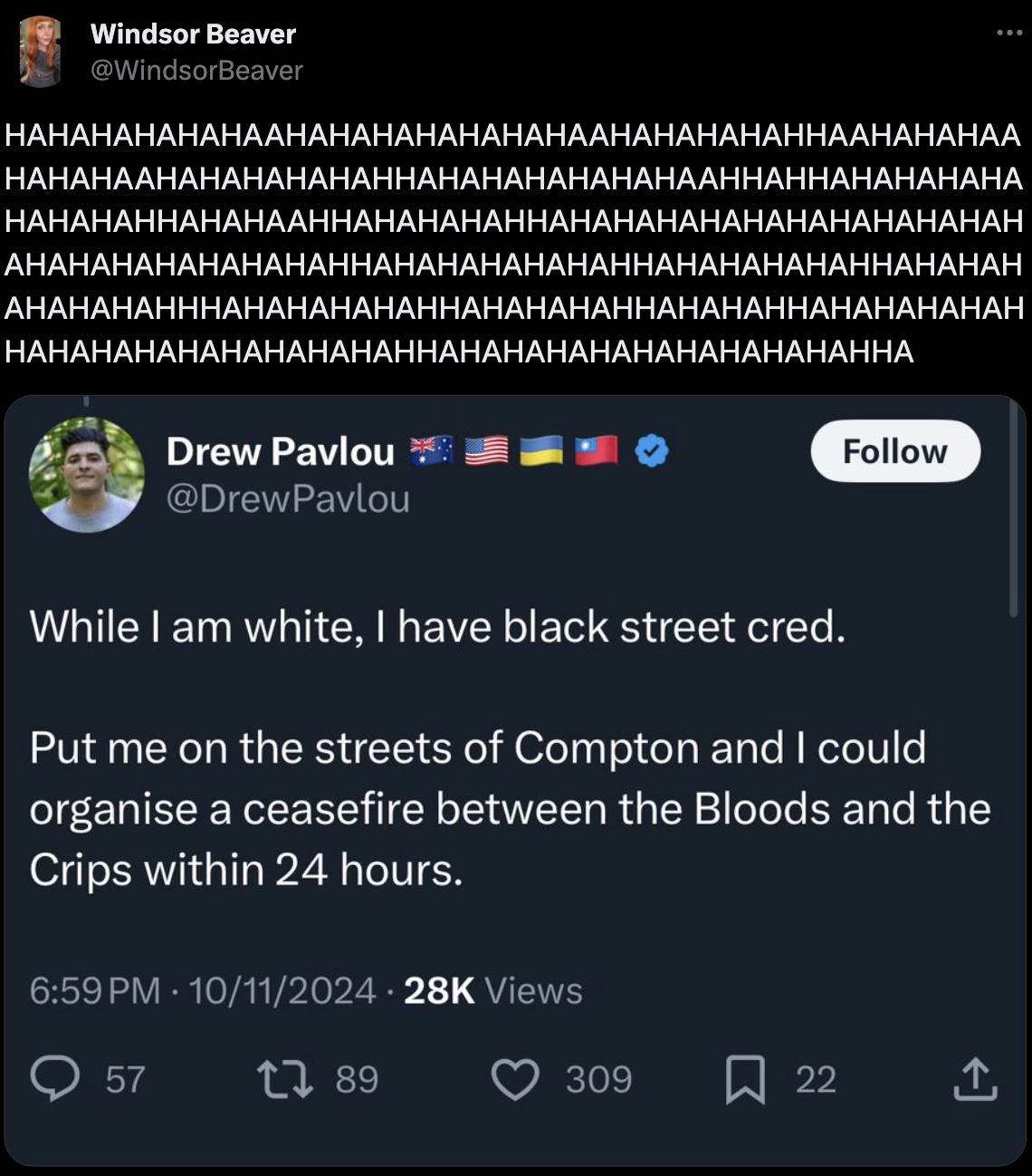 screenshot - Windsor Beaver Drew Pavlou While I am white, I have black street cred. Put me on the streets of Compton and I could organise a ceasefire between the Bloods and the Crips within 24 hours. 10112024 28K Views 57 1789 309 22